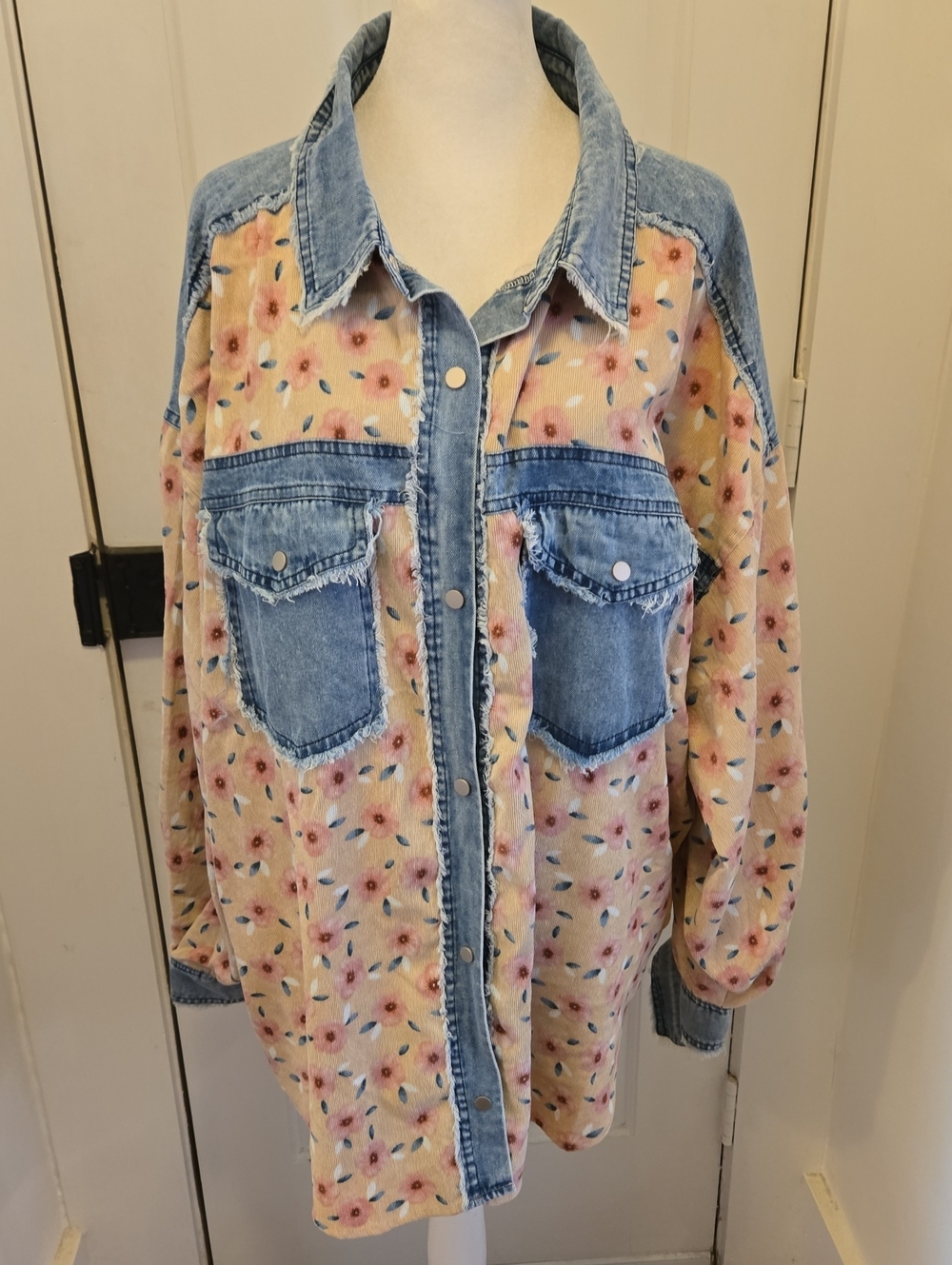 BiBi Oversized Denim-Trim Floral Lightweight Shacket - Pink Floral Size L
